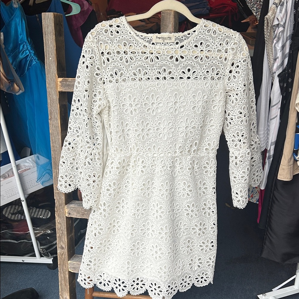 Impressions White Lace Long Sleeve Dress